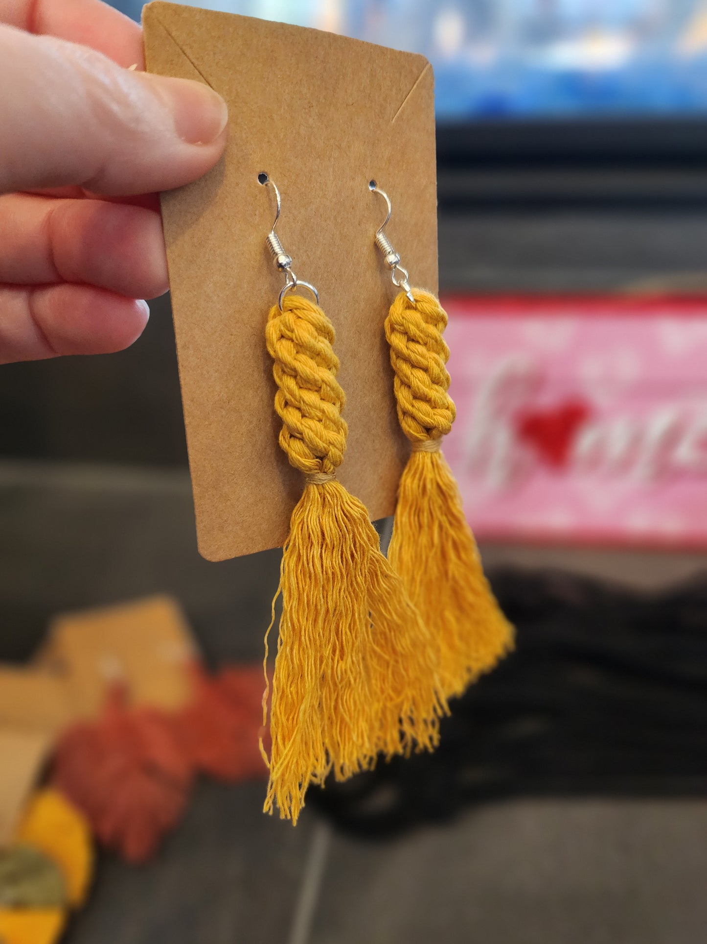 Boho Knotted Macramé Long Tassel Fringe Statement Earrings - Mustard Yellow