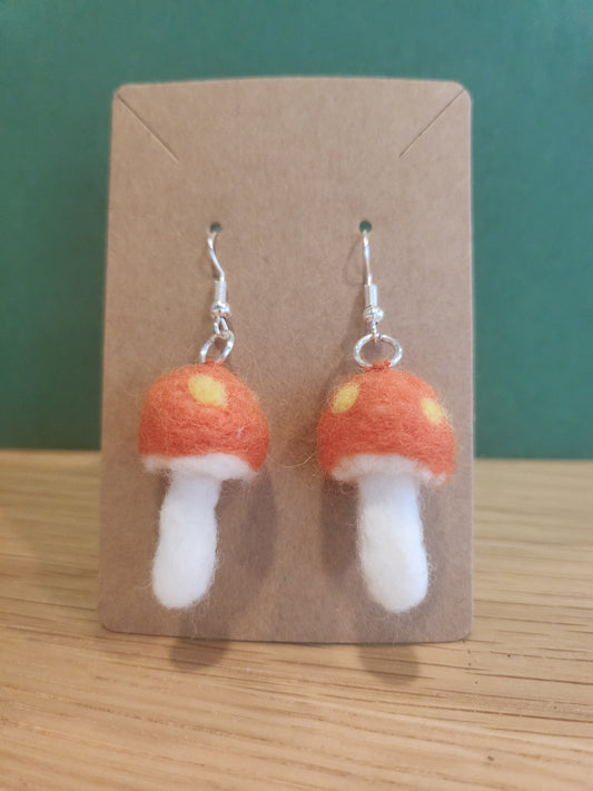 Orange and White Mushroom Mini Needle Felted Dangle Earrings