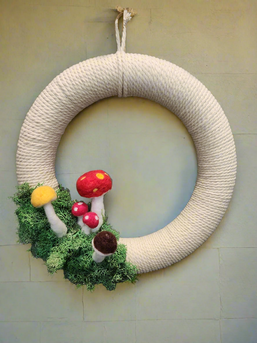 12" Decorative Mushroom and Moss Wall Door Wreath Handmade Needlefelted
