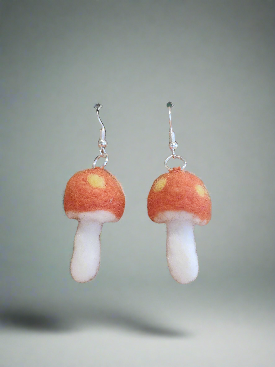 Orange and White Mushroom Mini Needle Felted Dangle Earrings