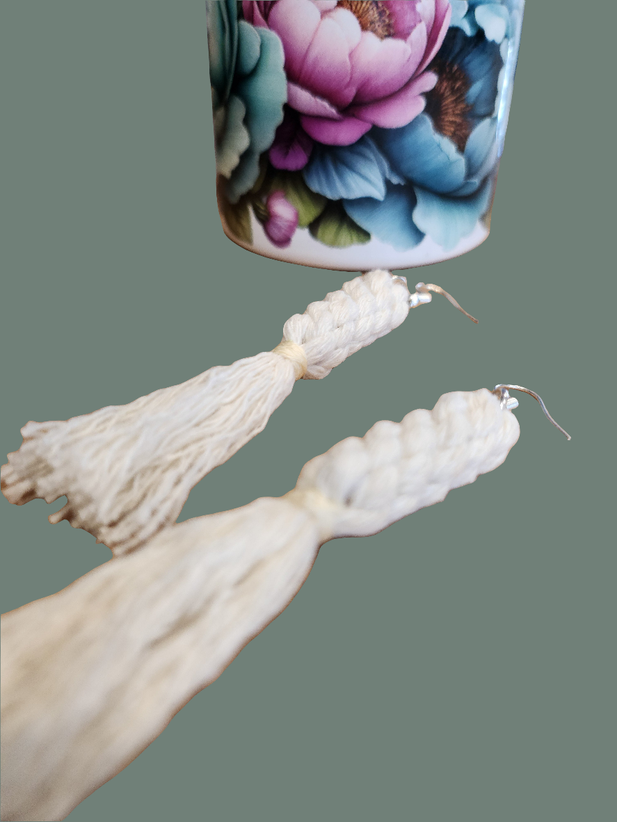 Boho Knotted Macramé Long Tassel Fringe Earrings - Ivory White