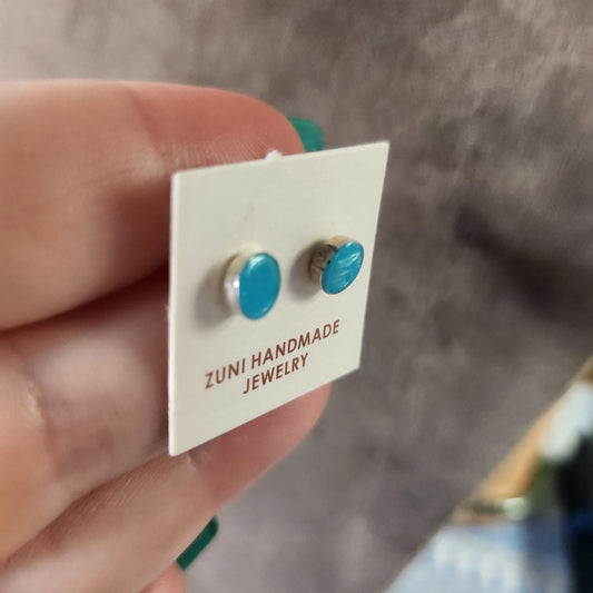 New Zuni Round Turquoise 925 Sterling Silver Stud Earrings Native Handmade