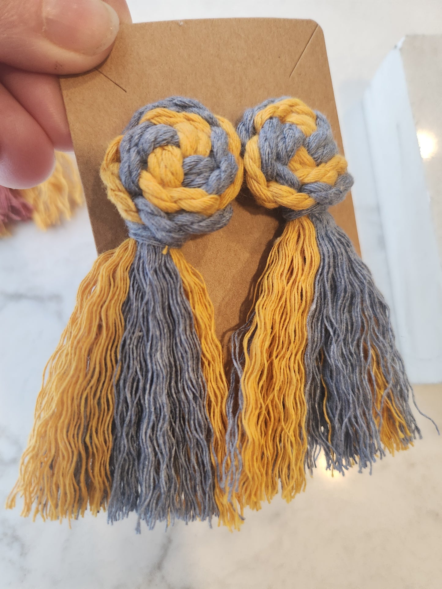 Macrame Pinwheel and Fringe Tassel Soft Statement Earrings - Multi Color Mustard and Rust