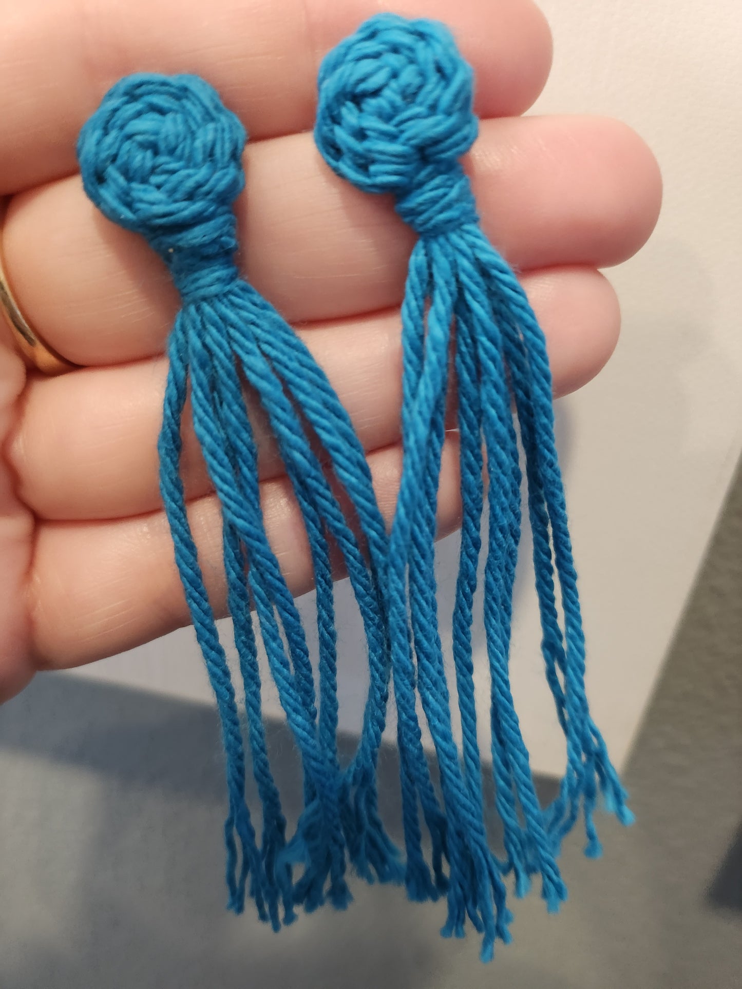 Turquoise Blue Macrame Knotted Pinwheel Long Tassel Post Earrings