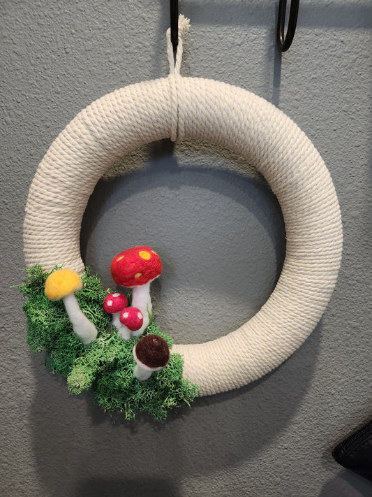 12" Decorative Mushroom and Moss Wall Door Wreath Handmade Needlefelted