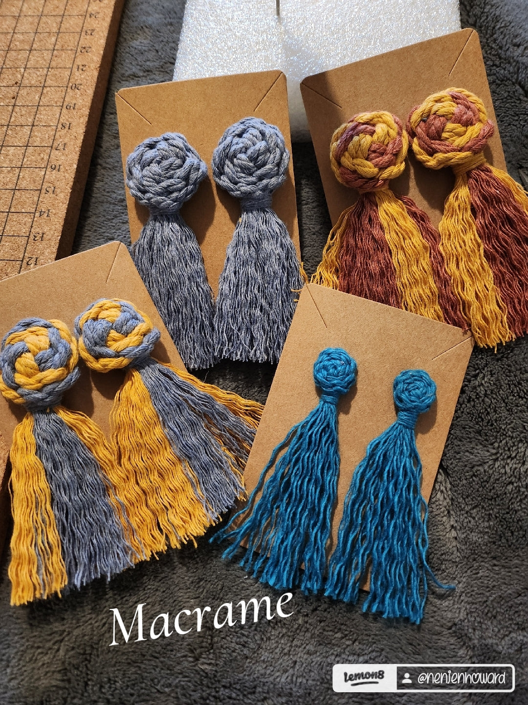 Macrame Pinwheel and Fringe Tassel Soft Statement Earrings - Multi Color Mustard and Rust