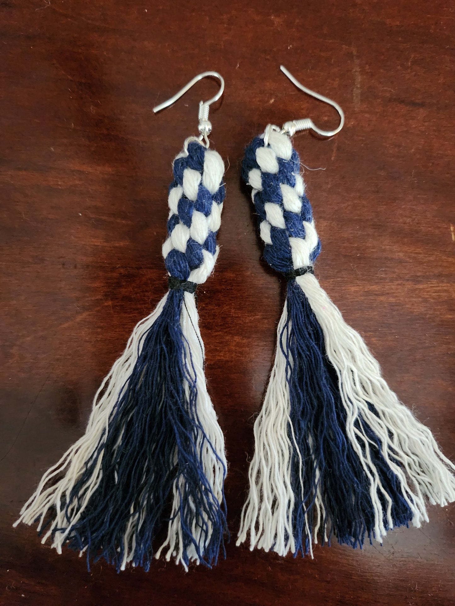 Macrame knotted Fringe Long Tassel Boho Earrings - Navy Multi