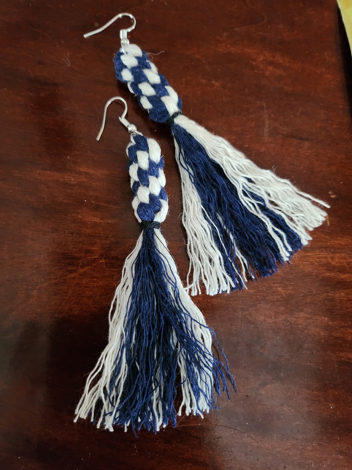 Macrame knotted Fringe Long Tassel Boho Earrings - Navy Multi
