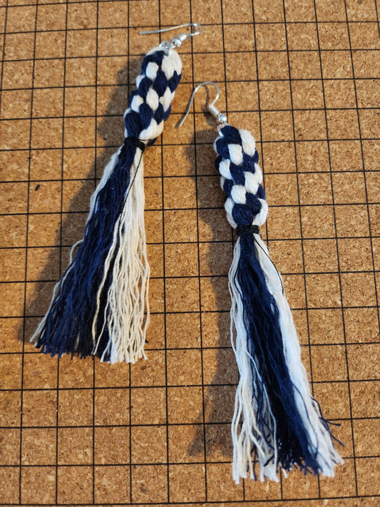 Macrame knotted Fringe Long Tassel Boho Earrings - Navy Multi