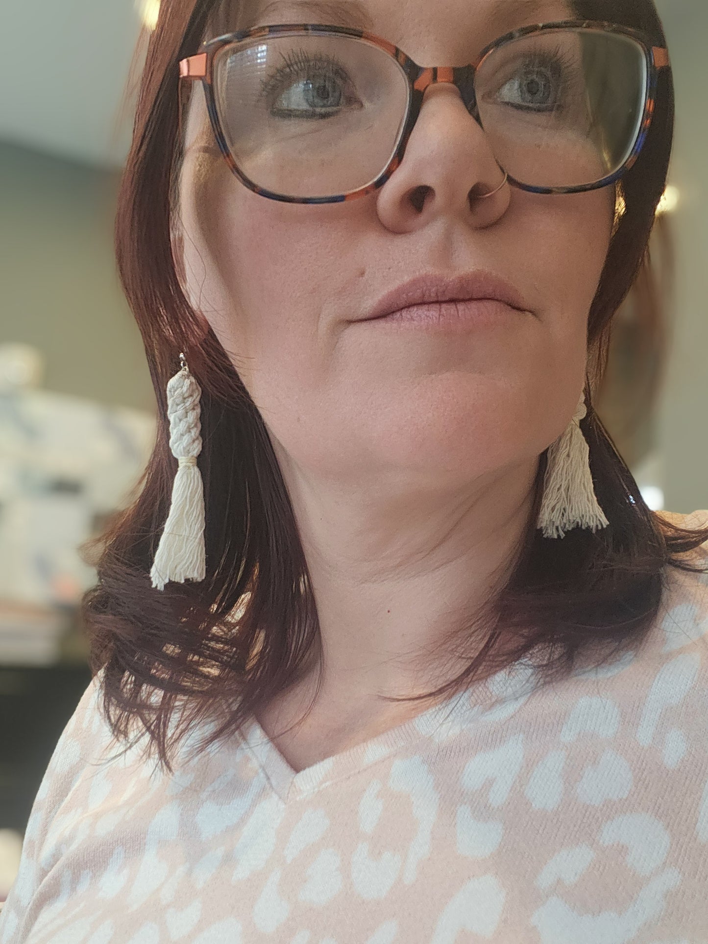 Boho Knotted Macramé Long Tassel Fringe Earrings - Ivory White