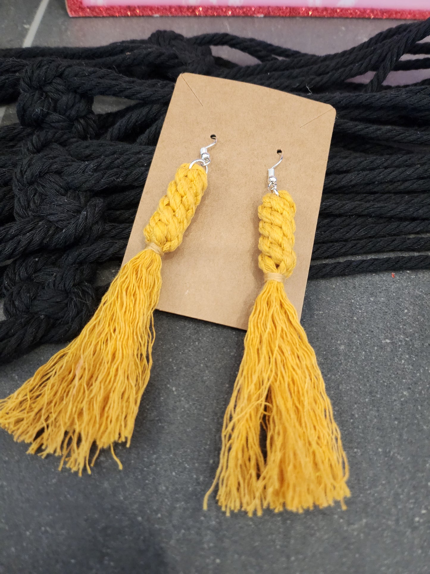 Boho Knotted Macramé Long Tassel Fringe Statement Earrings - Mustard Yellow