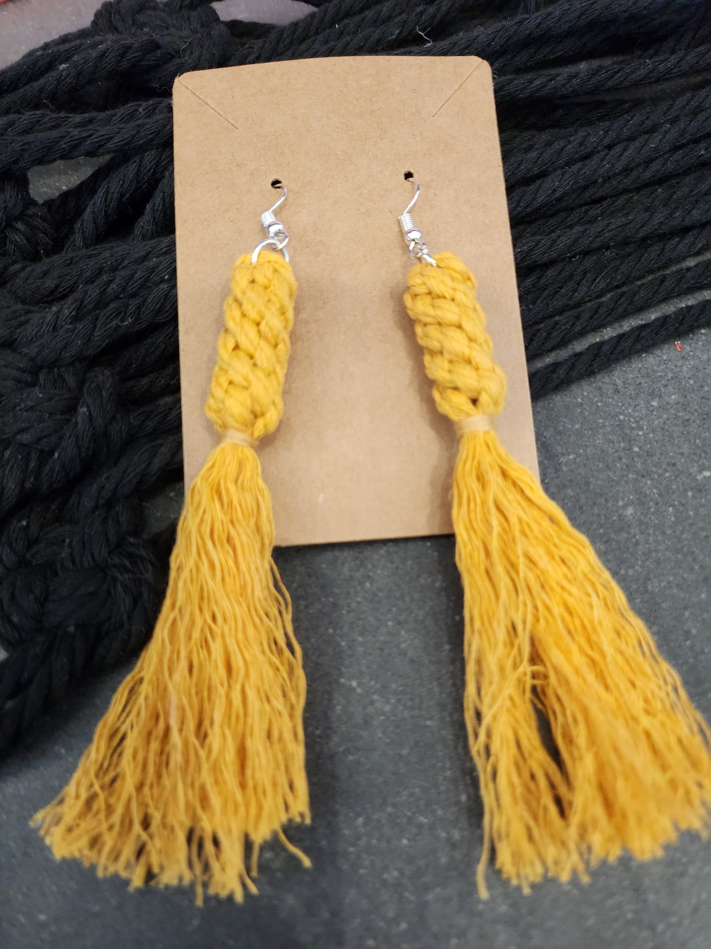 Boho Knotted Macramé Long Tassel Fringe Statement Earrings - Mustard Yellow