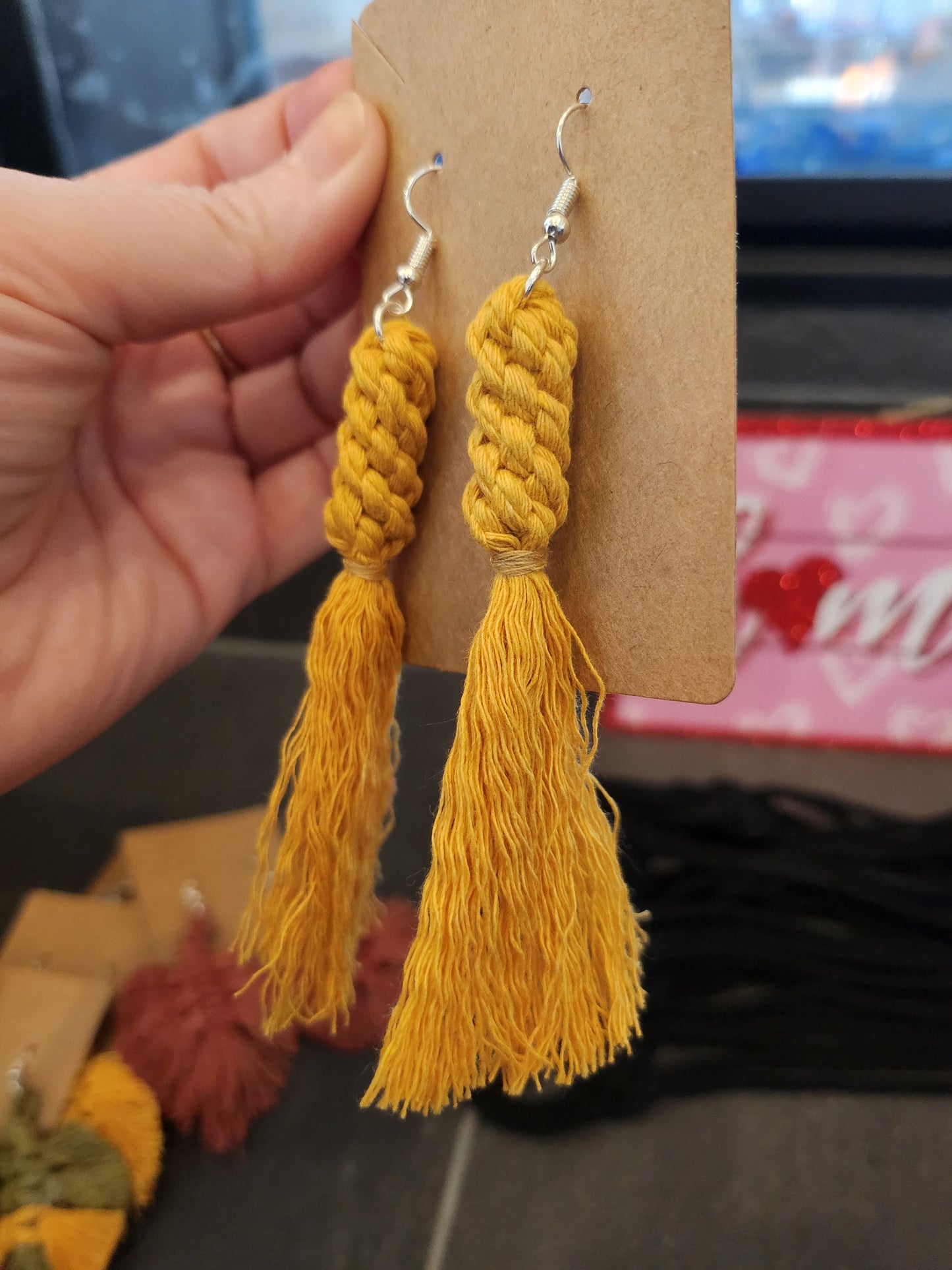 Boho Knotted Macramé Long Tassel Fringe Statement Earrings - Mustard Yellow