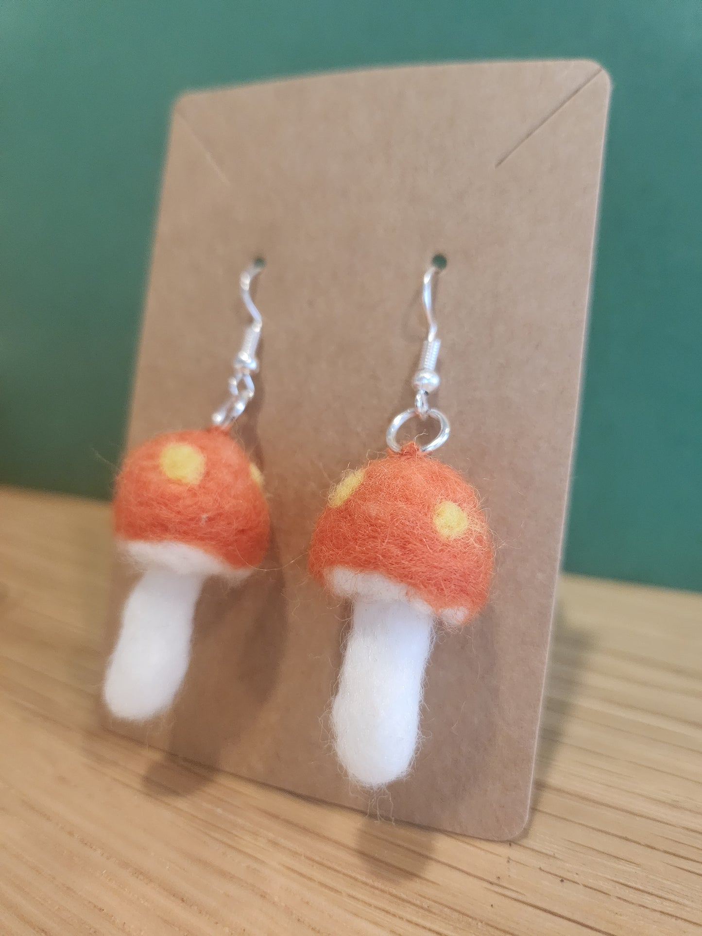 Orange and White Mushroom Mini Needle Felted Dangle Earrings