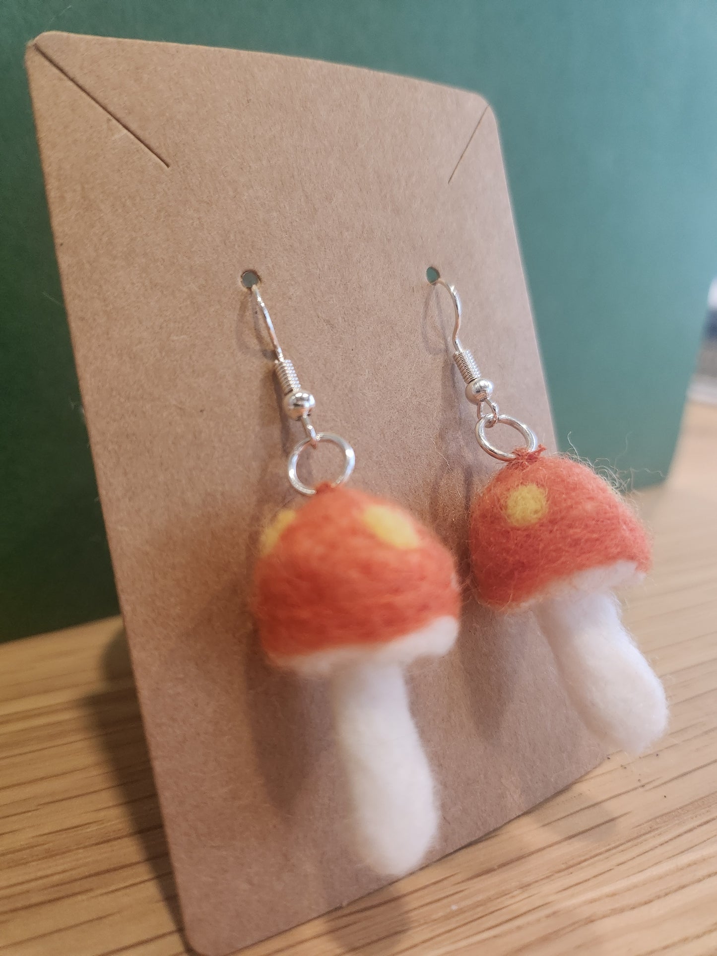 Orange and White Mushroom Mini Needle Felted Dangle Earrings