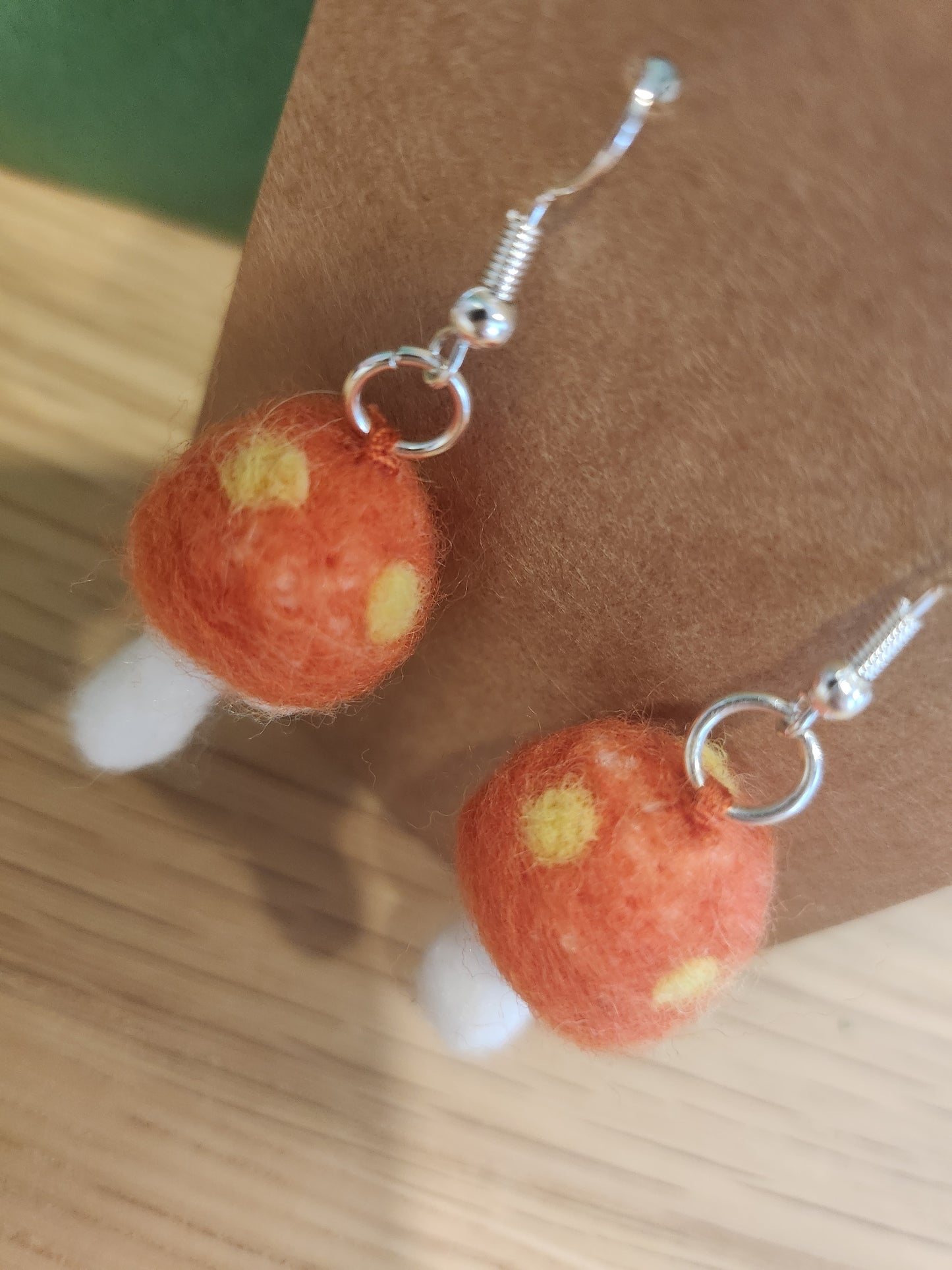 Orange and White Mushroom Mini Needle Felted Dangle Earrings