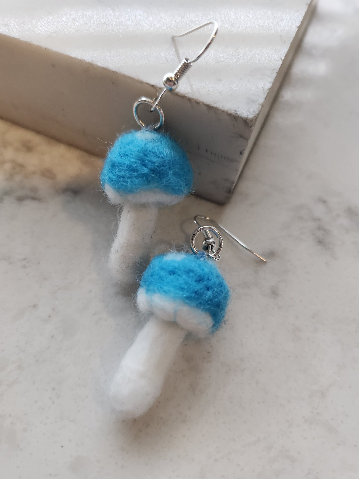 Turquoise Blue and White Mushroom Mini Needle Felted Dangle Earrings