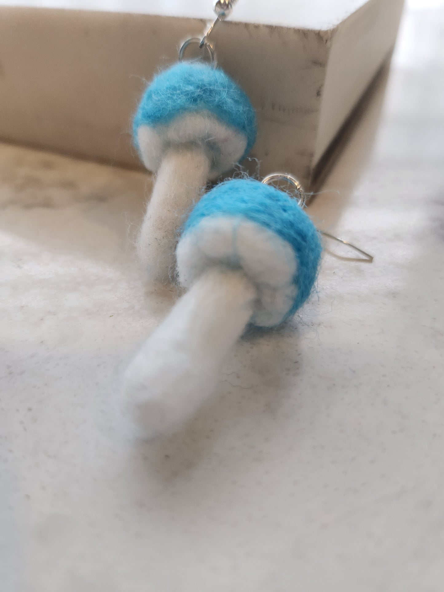 Turquoise Blue and White Mushroom Mini Needle Felted Dangle Earrings