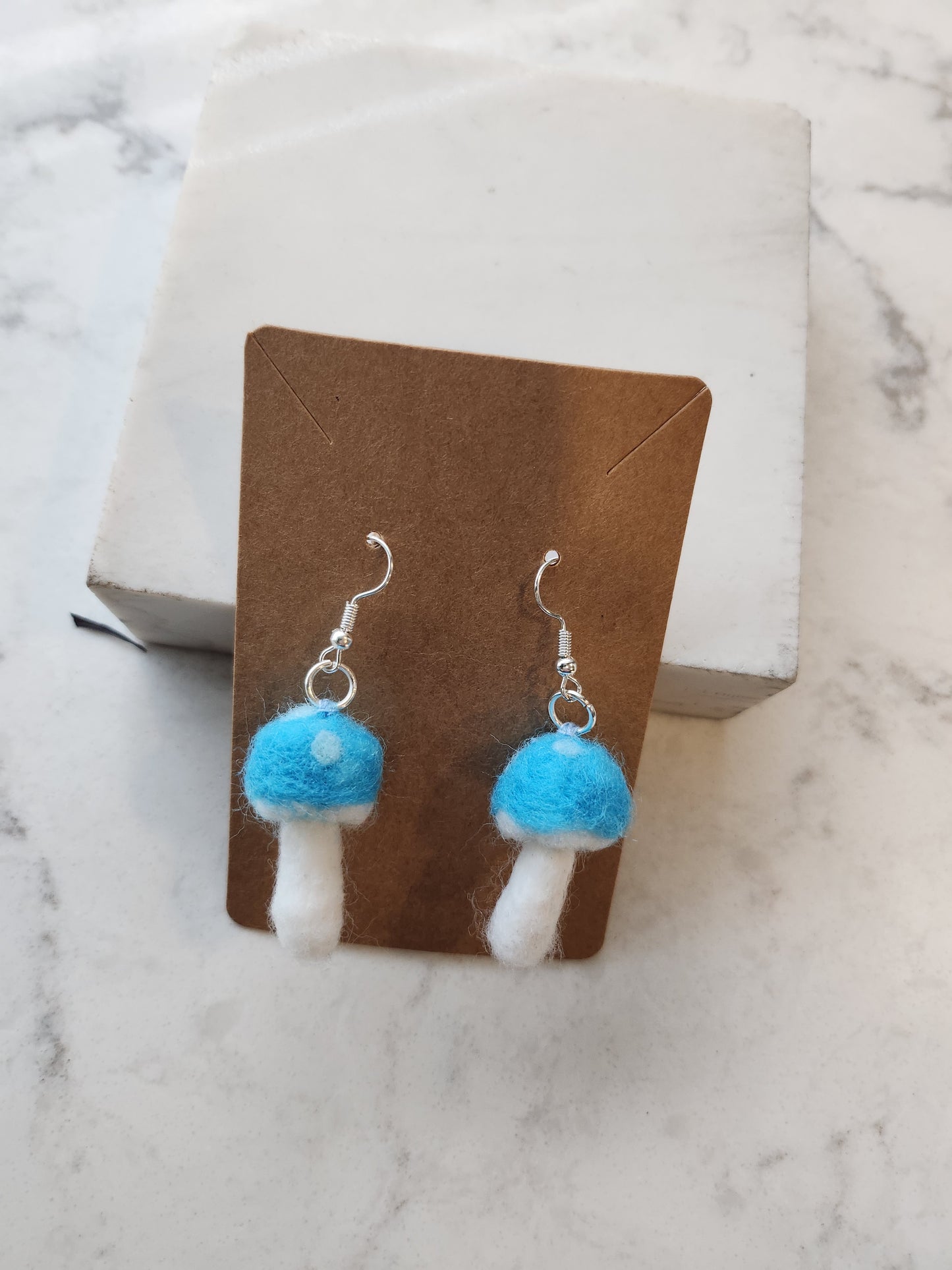 Turquoise Blue and White Mushroom Mini Needle Felted Dangle Earrings