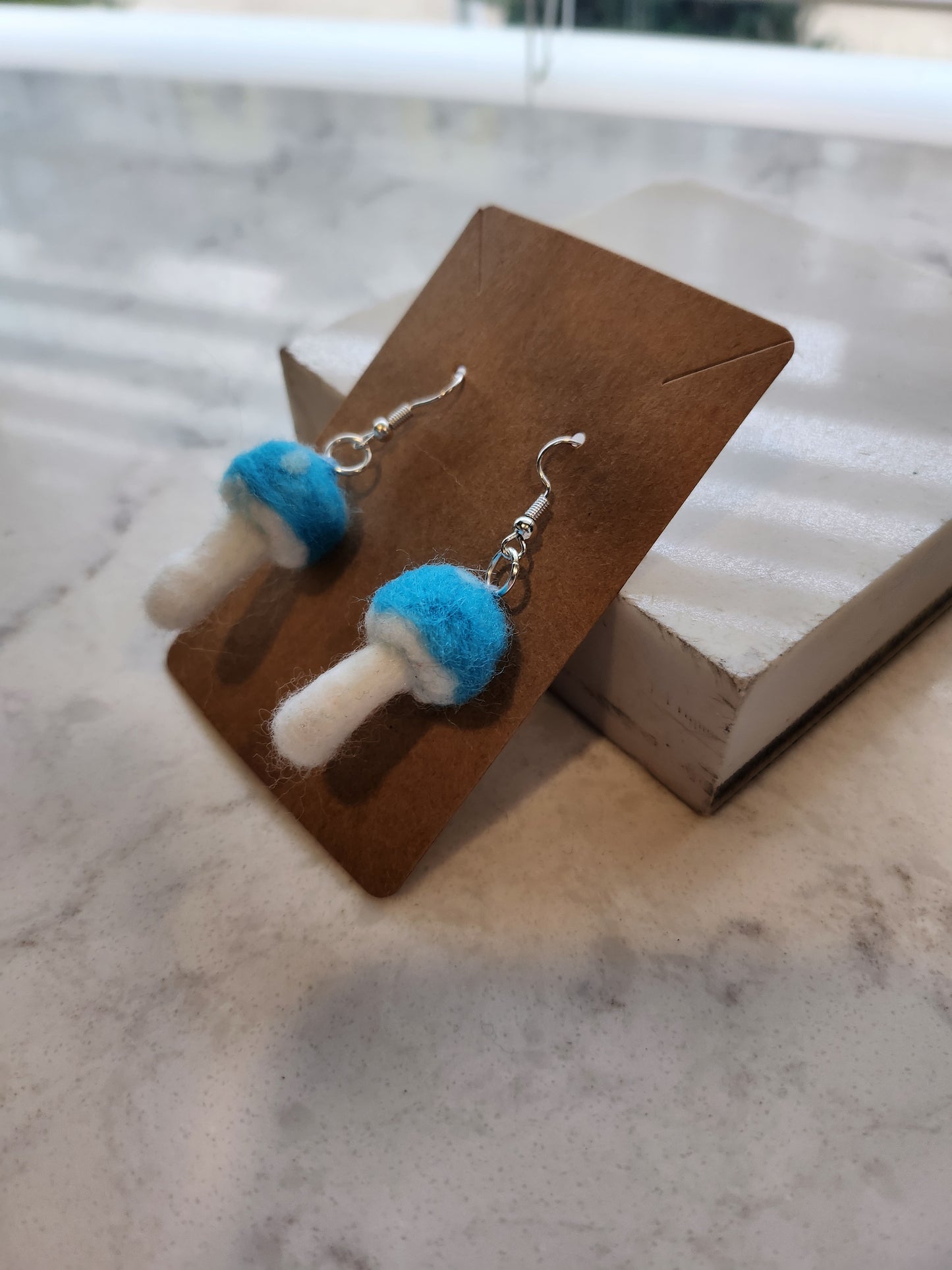 Turquoise Blue and White Mushroom Mini Needle Felted Dangle Earrings