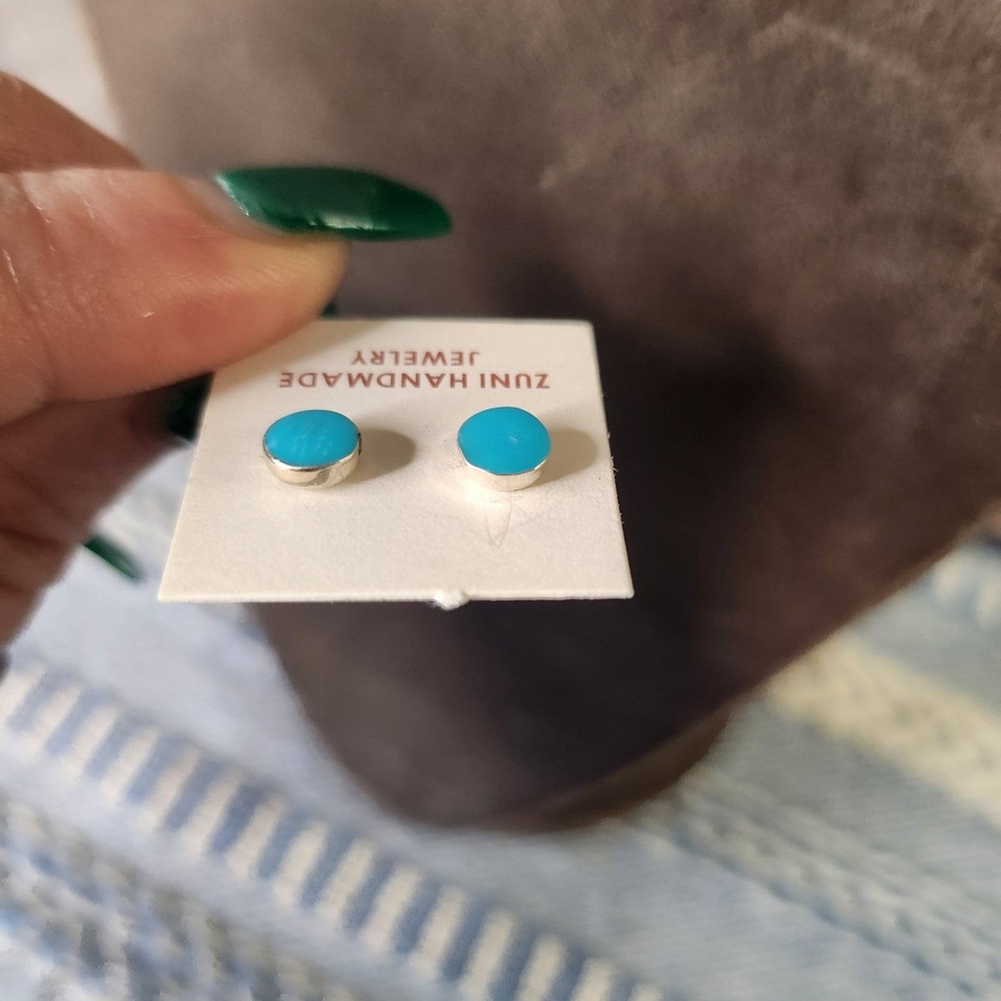 New Zuni Round Turquoise 925 Sterling Silver Stud Earrings Native Handmade