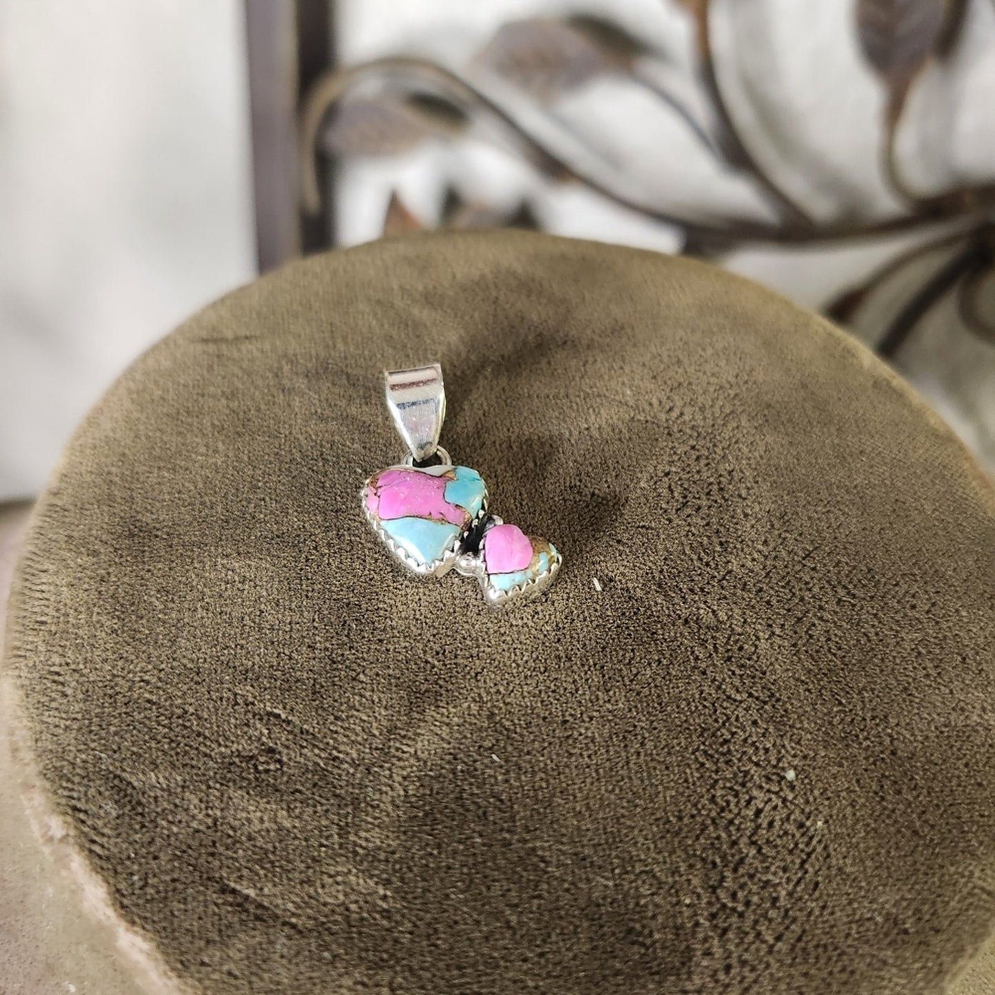 New Cotton Candy Turquoise Double Heart Sterling Silver Pendant | Charm