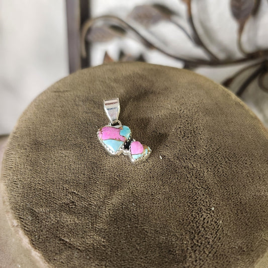 New Cotton Candy Turquoise Double Heart Sterling Silver Pendant | Charm