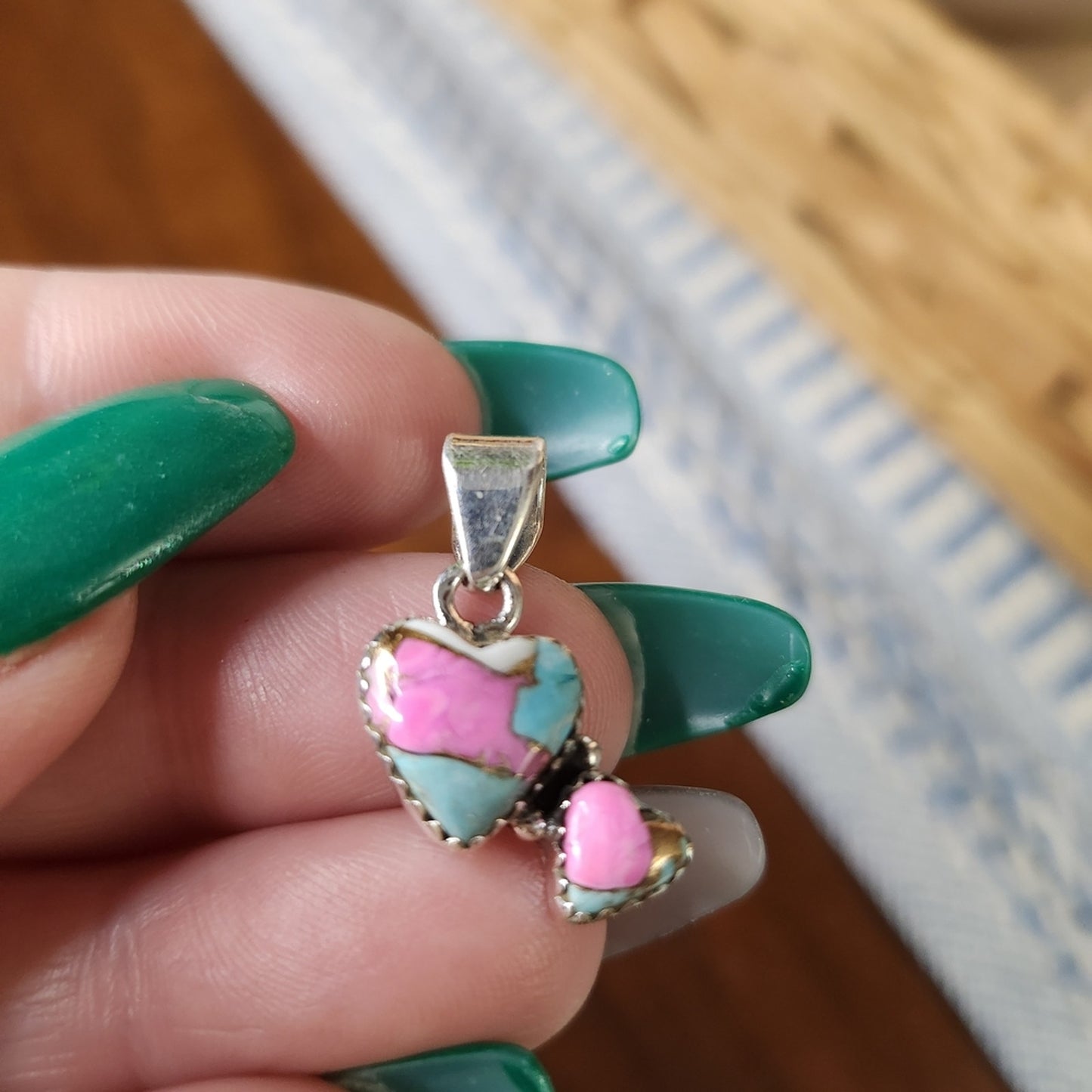 New Cotton Candy Turquoise Double Heart Sterling Silver Pendant | Charm