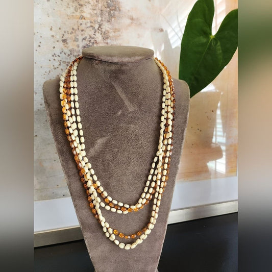 Elegant Vintage Layered Cream and Amber Colored Lucite Beaded Necklace