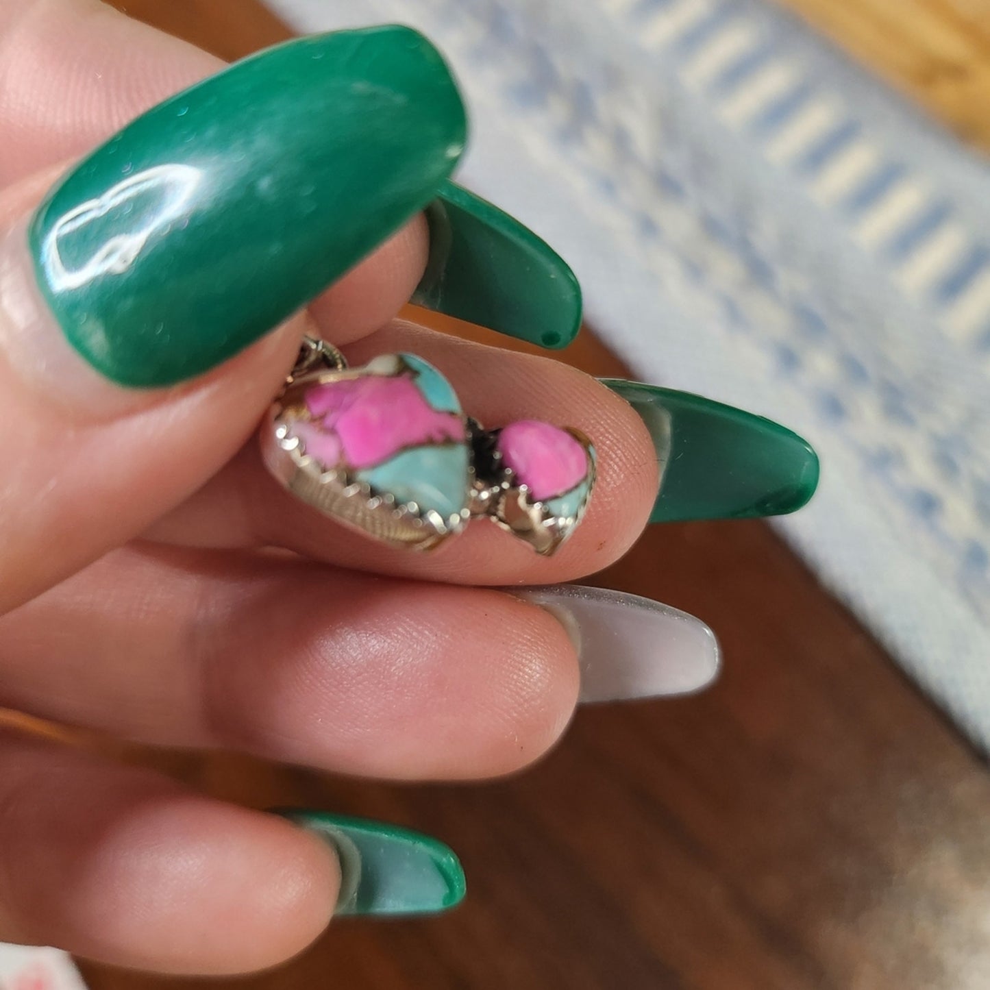 New Cotton Candy Turquoise Double Heart Sterling Silver Pendant | Charm