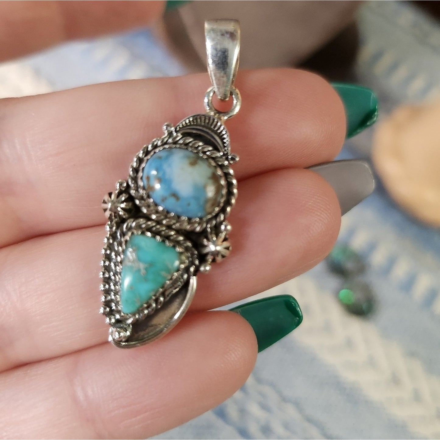 New - White Water + Golden Hills Turquoise Double Closed Sterling Silver Pendant