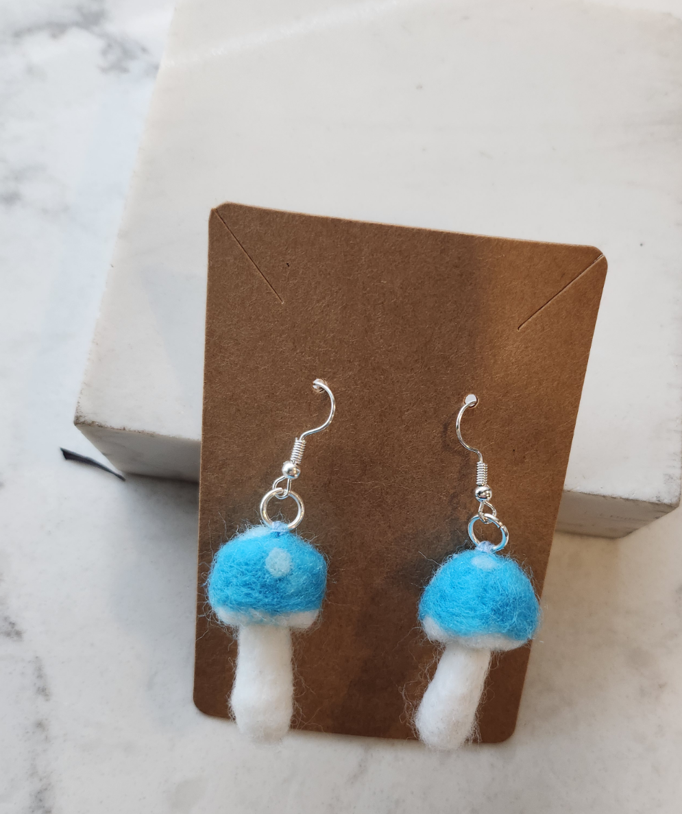 Turquoise Blue and White Mushroom Mini Needle Felted Dangle Earrings
