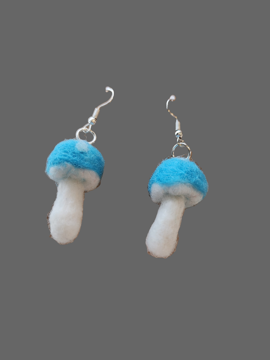 Turquoise Blue and White Mushroom Mini Needle Felted Dangle Earrings