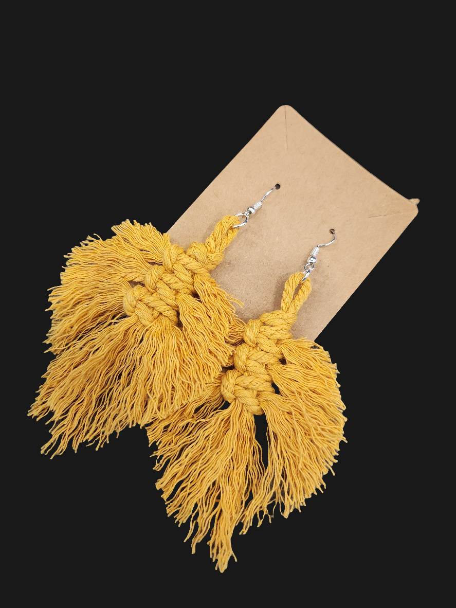 Shaggy Macrame Boho Knotted Fringe Leaf Drop Earrings - multiple color option