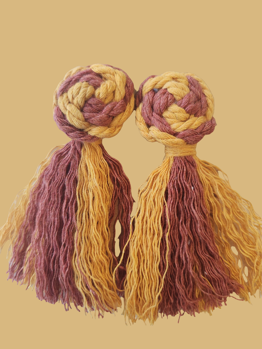 Macrame Pinwheel and Fringe Tassel Soft Statement Earrings - Multi Color Mustard and Rust