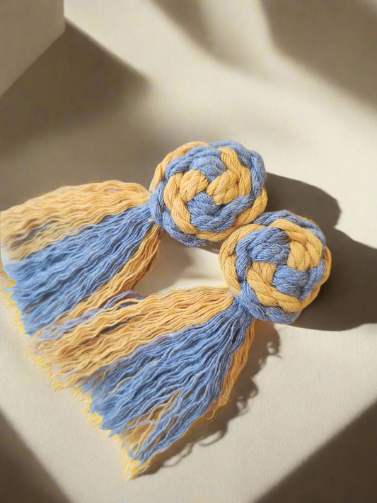 Macrame Pinwheel and Fringe Tassel Soft Statement Earrings - Multi Color Mustard and Cobalt