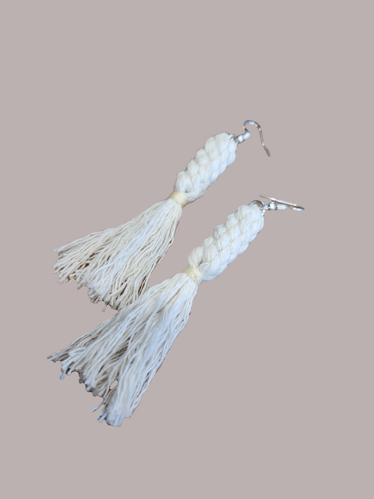 Boho Knotted Macramé Long Tassel Fringe Earrings - Ivory White