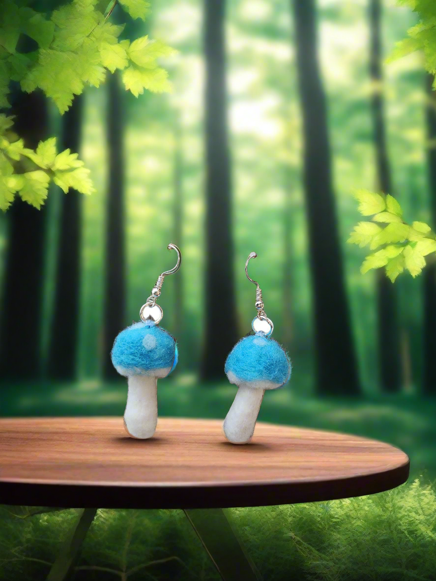 Turquoise Blue and White Mushroom Mini Needle Felted Dangle Earrings