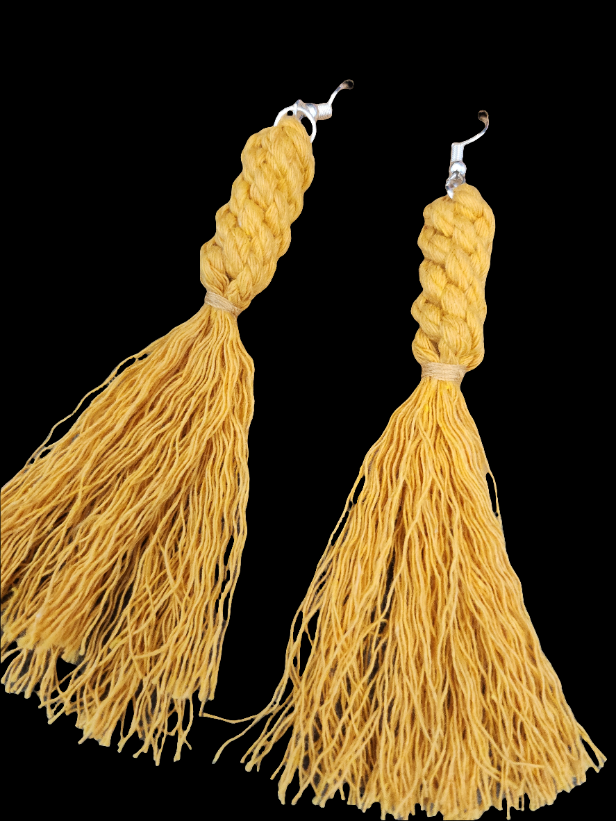 Boho Knotted Macramé Long Tassel Fringe Statement Earrings - Mustard Yellow