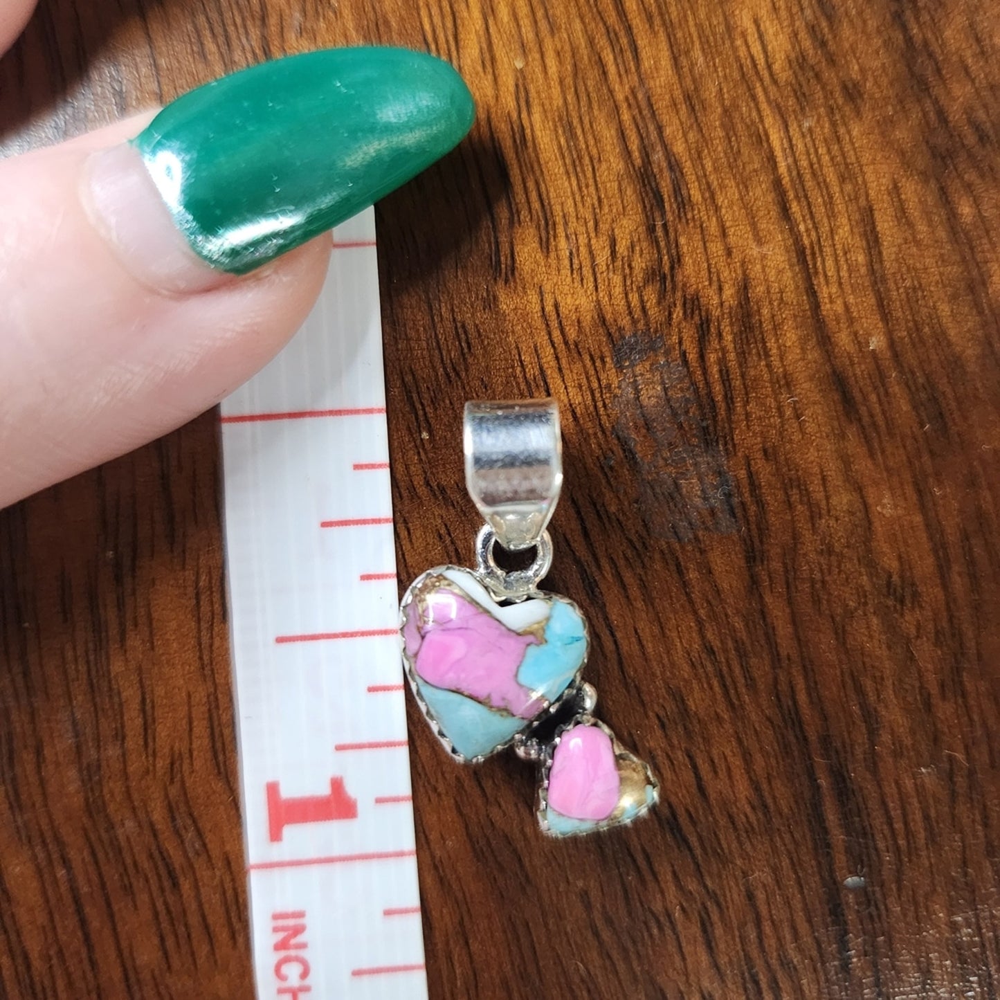 New Cotton Candy Turquoise Double Heart Sterling Silver Pendant | Charm