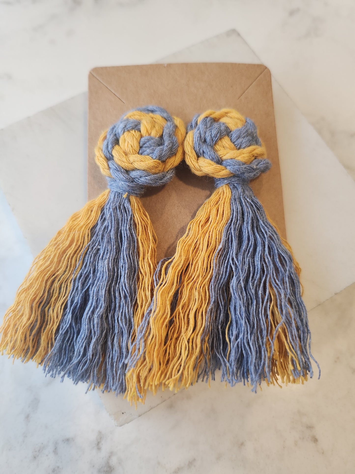 Macrame Pinwheel and Fringe Tassel Soft Statement Earrings - Multi Color Mustard and Rust