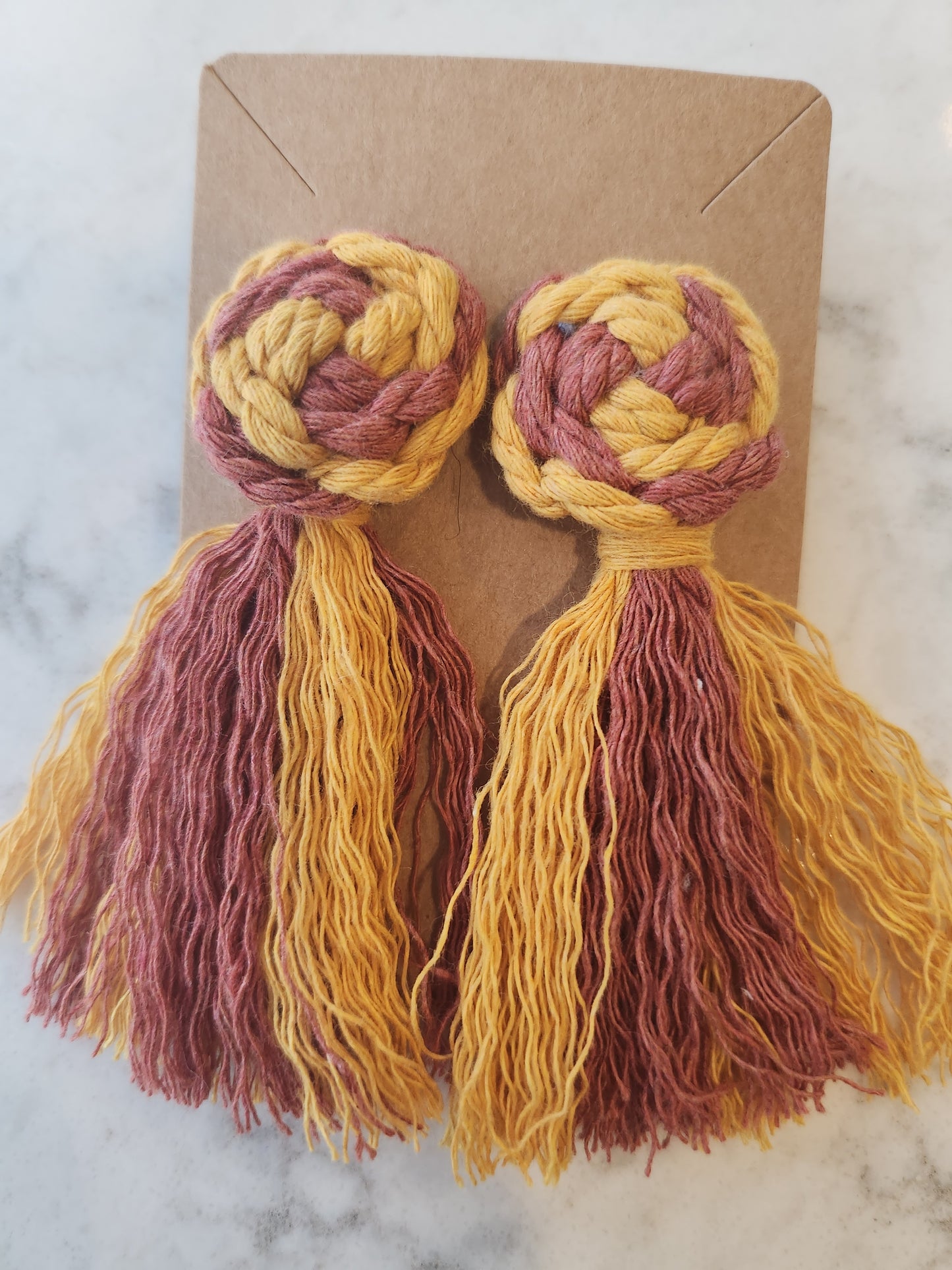 Macrame Pinwheel and Fringe Tassel Soft Statement Earrings - Multi Color Mustard and Rust