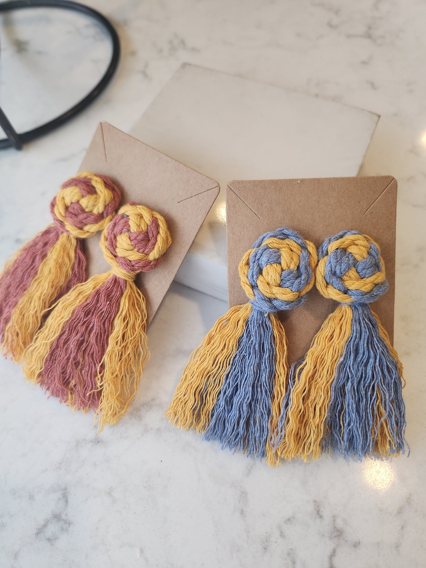 Macrame Pinwheel and Fringe Tassel Soft Statement Earrings - Multi Color Mustard and Rust
