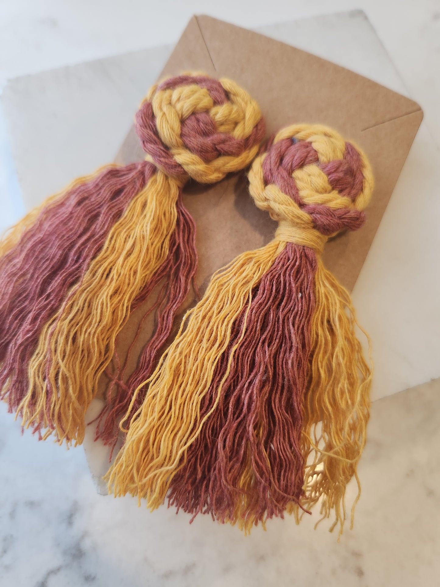 Macrame Pinwheel and Fringe Tassel Soft Statement Earrings - Multi Color Mustard and Rust
