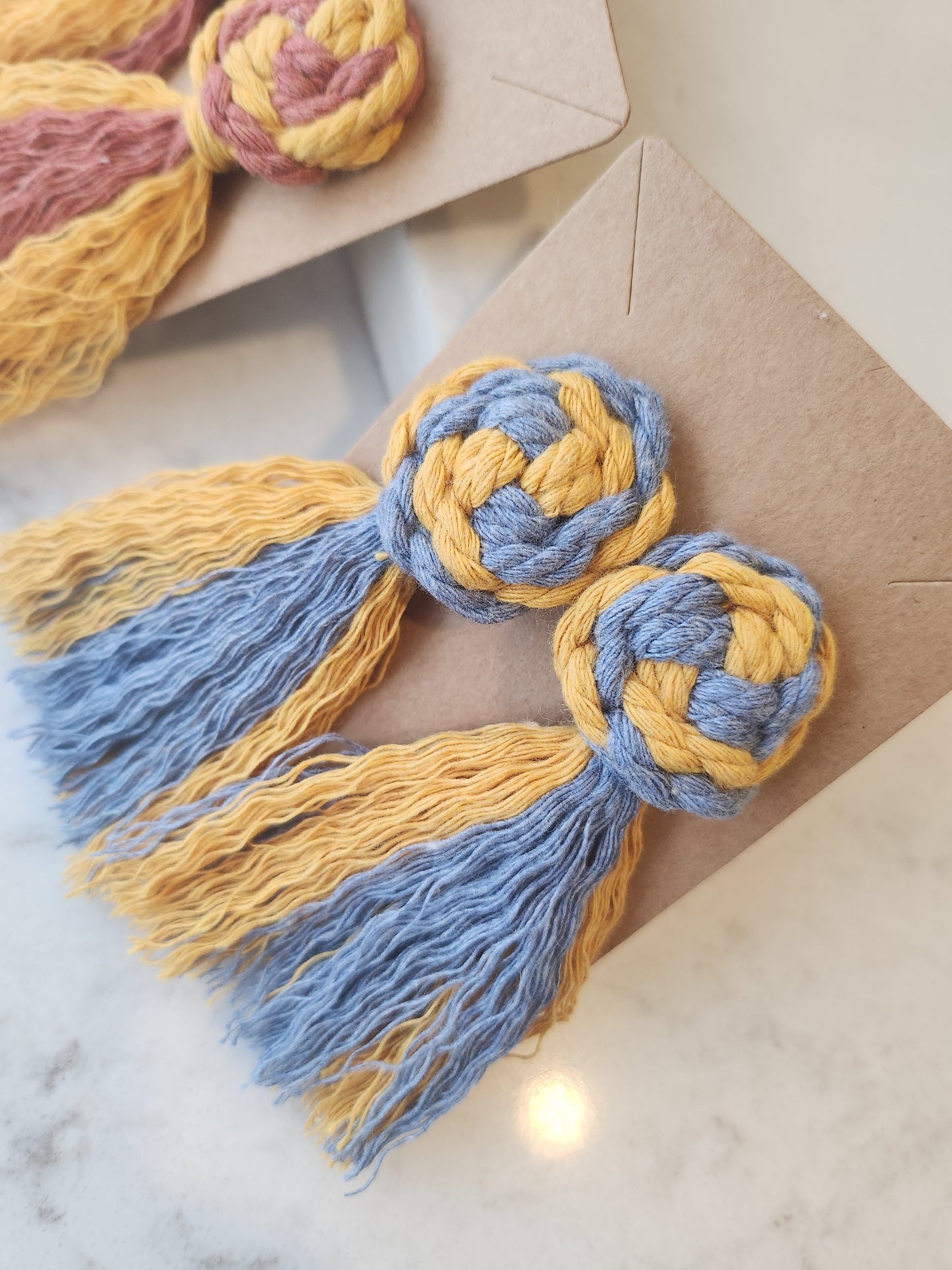 Macrame Pinwheel and Fringe Tassel Soft Statement Earrings - Multi Color Mustard and Rust