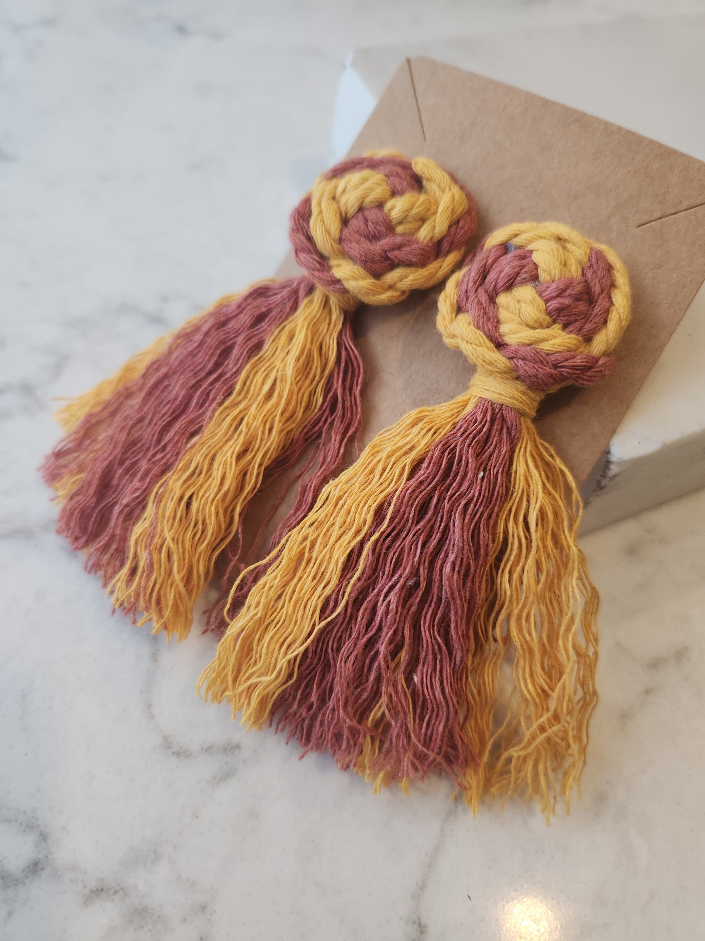 Macrame Pinwheel and Fringe Tassel Soft Statement Earrings - Multi Color Mustard and Rust