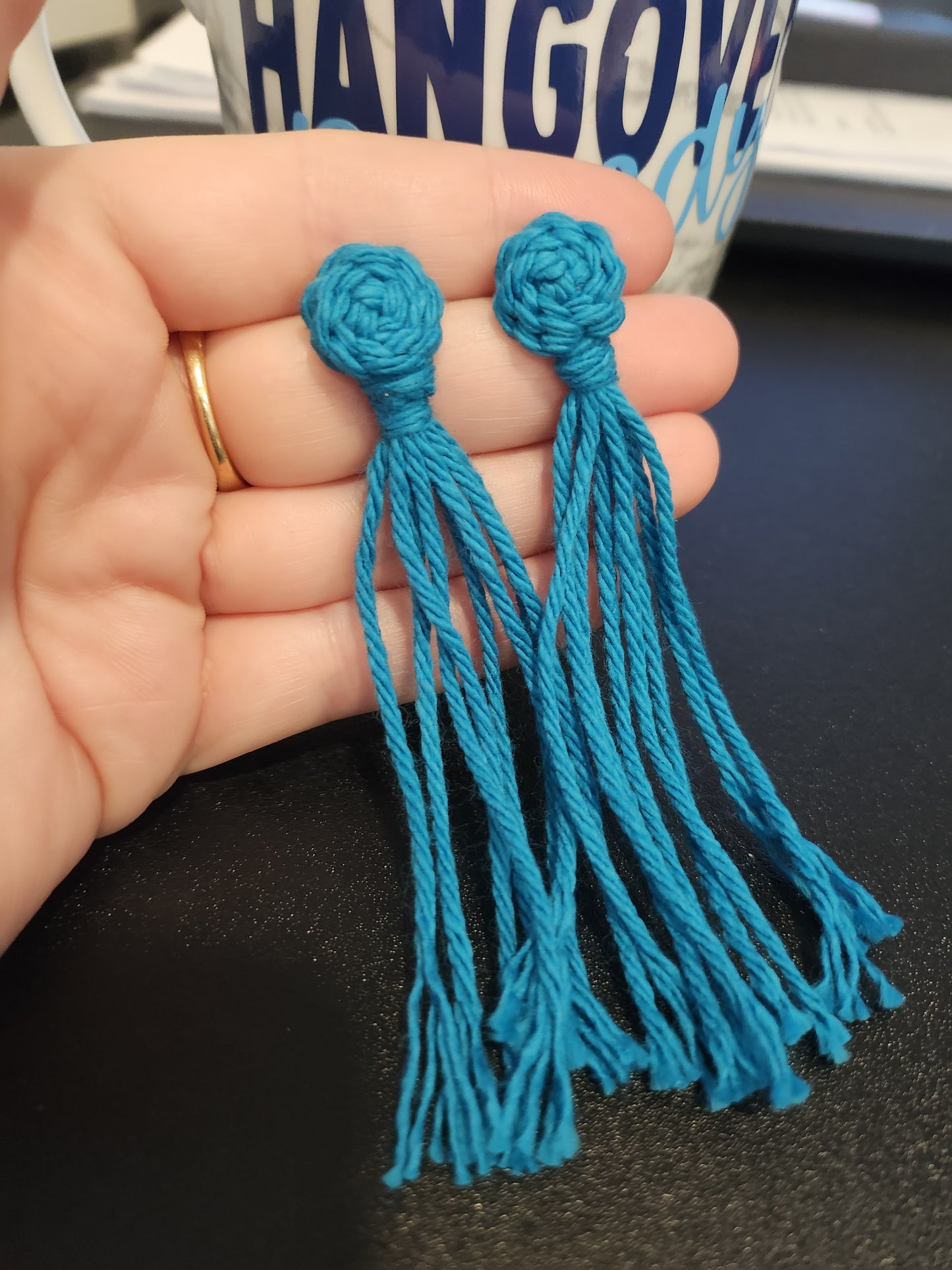 Turquoise Blue Macrame Knotted Pinwheel Long Tassel Post Earrings
