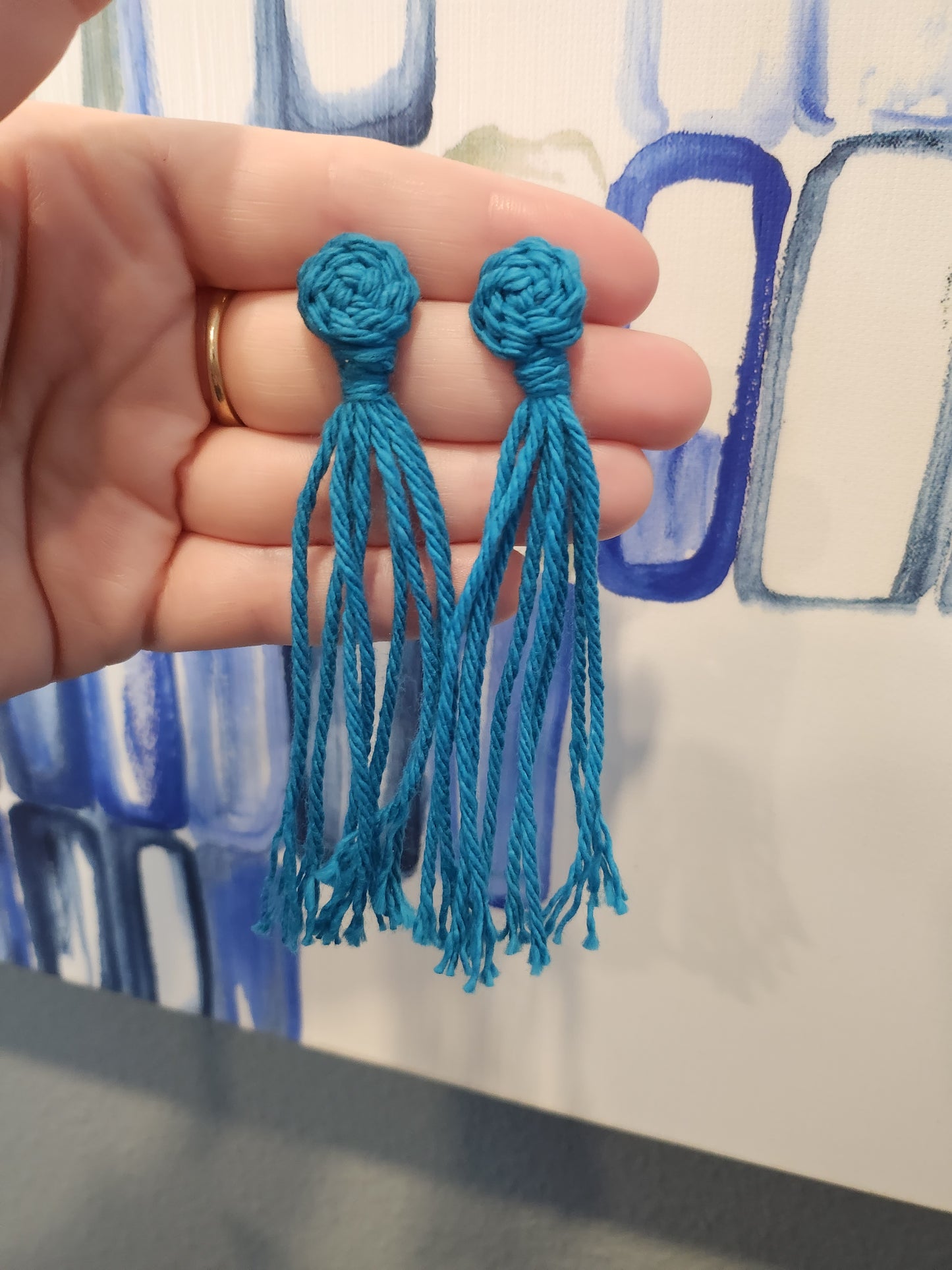 Turquoise Blue Macrame Knotted Pinwheel Long Tassel Post Earrings