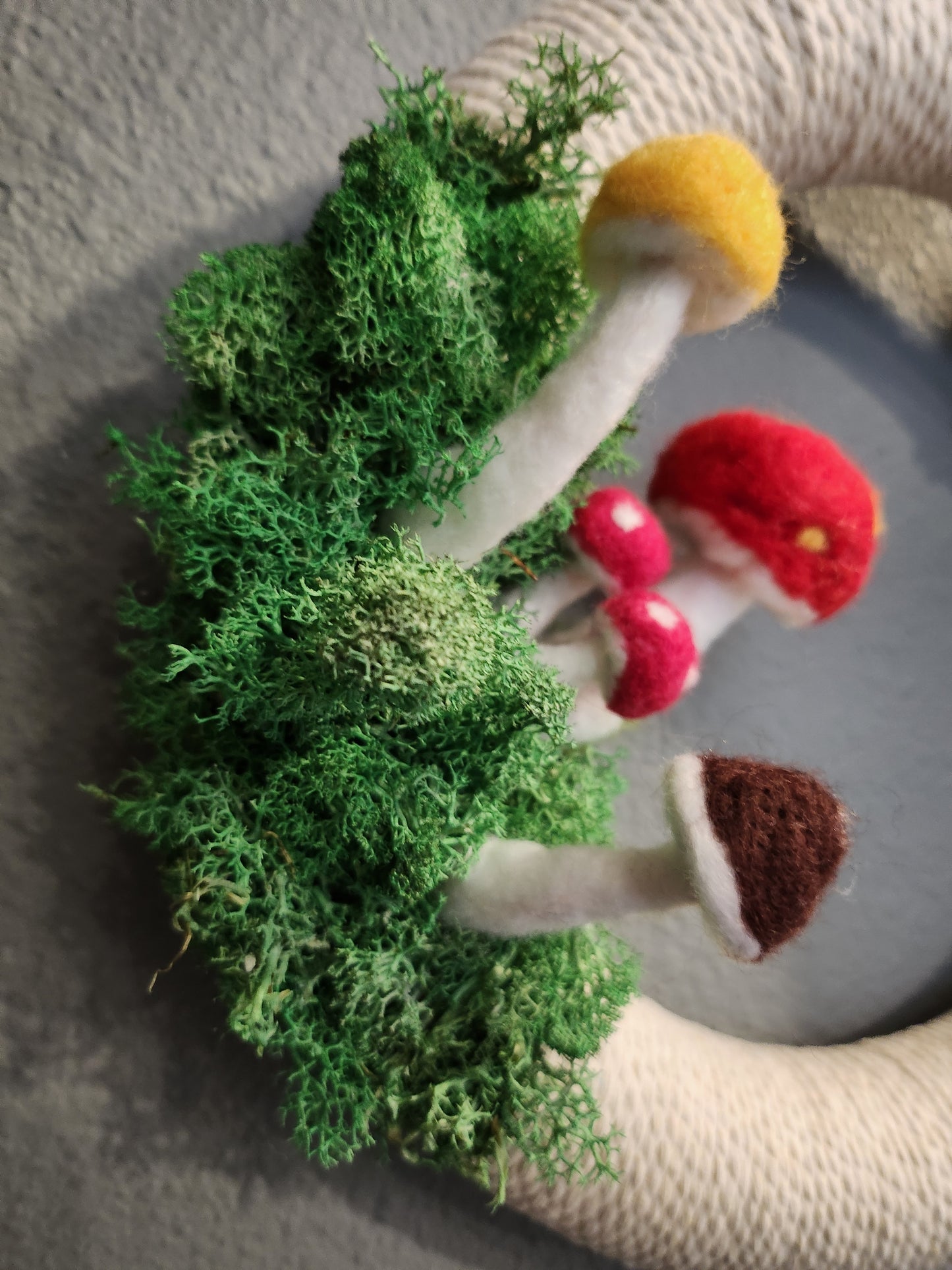 12" Decorative Mushroom and Moss Wall Door Wreath Handmade Needlefelted