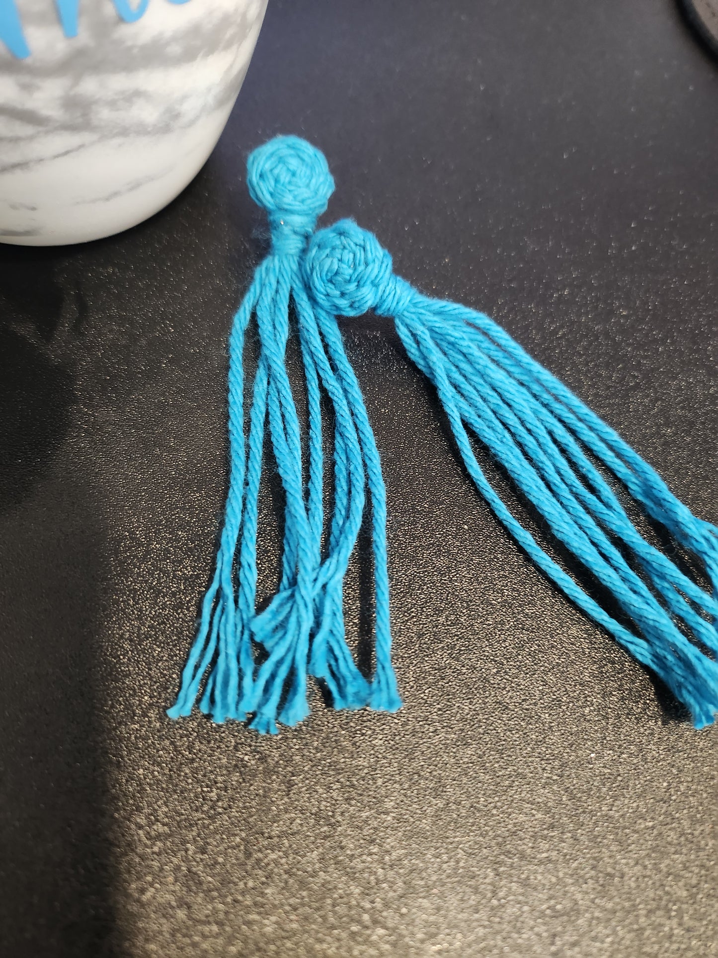 Turquoise Blue Macrame Knotted Pinwheel Long Tassel Post Earrings